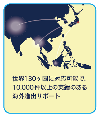 世界130か国に対応可能で10,000件以上の実績のある海外進出サポート